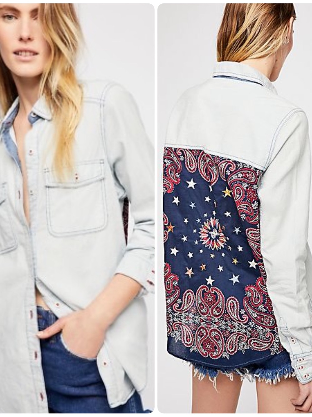 Free People Bandana Bandit 100% Cotton Button Down Denim Shirt XS NWT